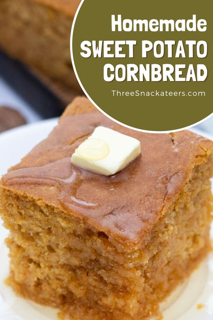 homemade sweet potato cornbread on a white plate