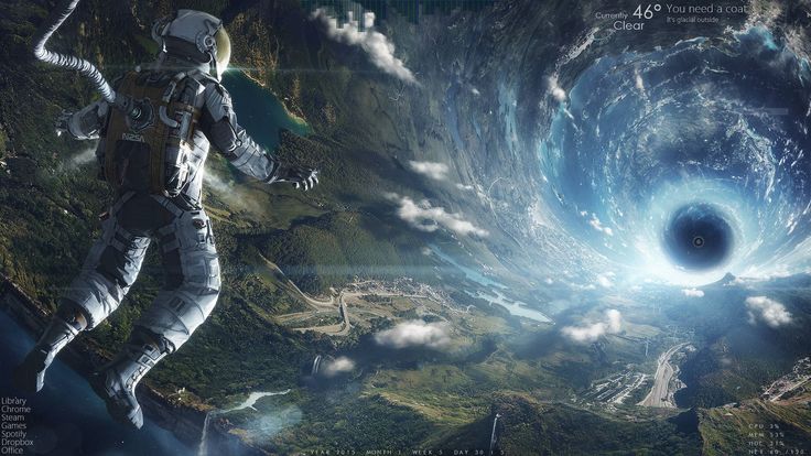 an astronaut is floating in the sky above a spirally black hole that appears to be surrounded by mountains