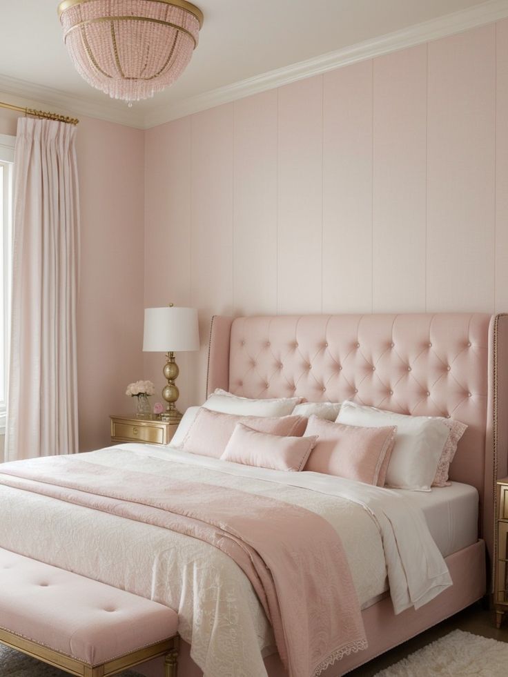 a bedroom with pink walls, white bedding and gold accents on the headboard