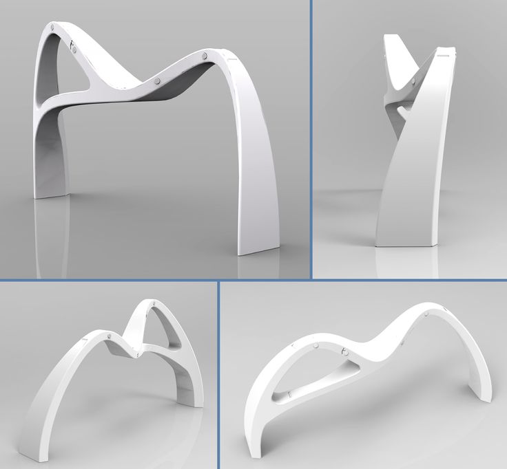 four different angles of a white chair with curved arms and legs, all in various positions