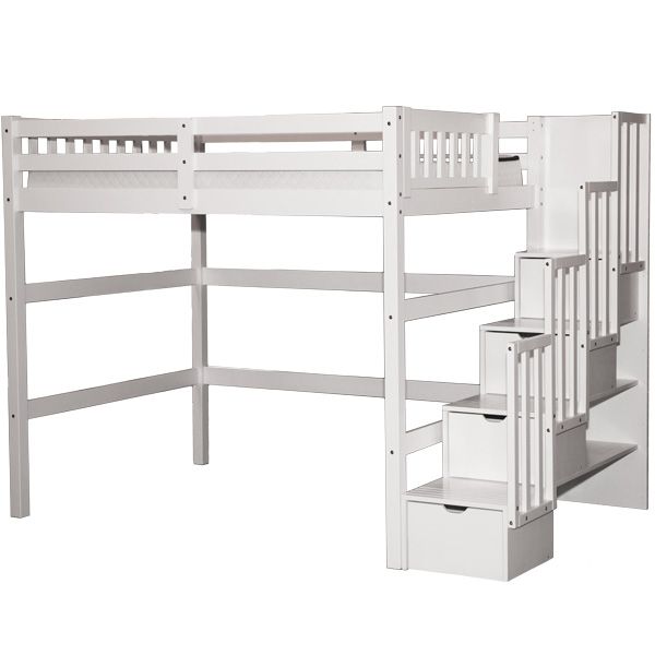 a white loft bed with stairs next to it and storage drawers under the bottom bunk