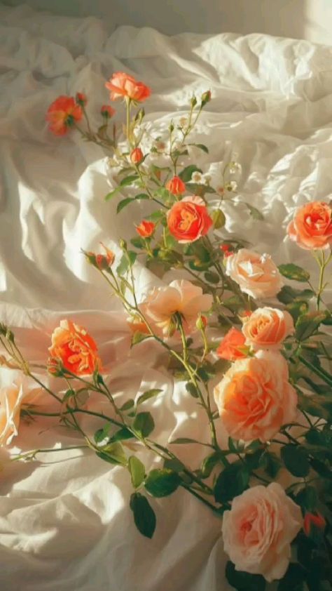 an arrangement of orange and pink roses on a white bed sheet with sunlight coming through the window