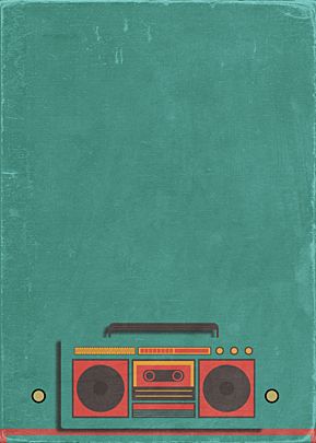 an old fashioned radio on green paper with the word boombox in red and yellow