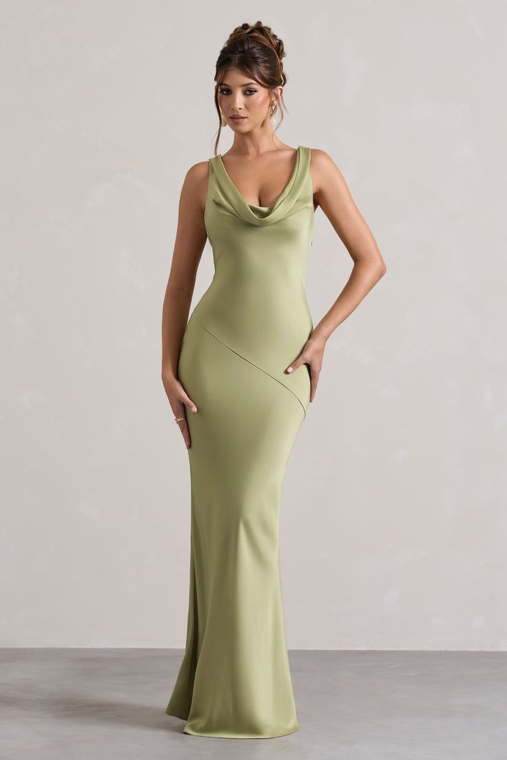 Alesso | Light Olive Satin Cowl-Neck Maxi Dress Plunge Neck Dress, Olive Green Bridesmaid Dresses, Club L London, Black Dress Prom, Black Tie Gala, Elegant Maxi Dress, Green Bridesmaid, Irish Wedding, Cowl Neck Dress