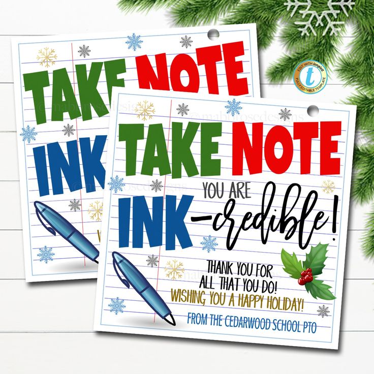 two christmas note cards with the words take note, ink and be - able on them