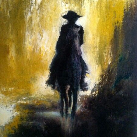 a painting of a man riding a horse on a yellow and black background with the sun behind him