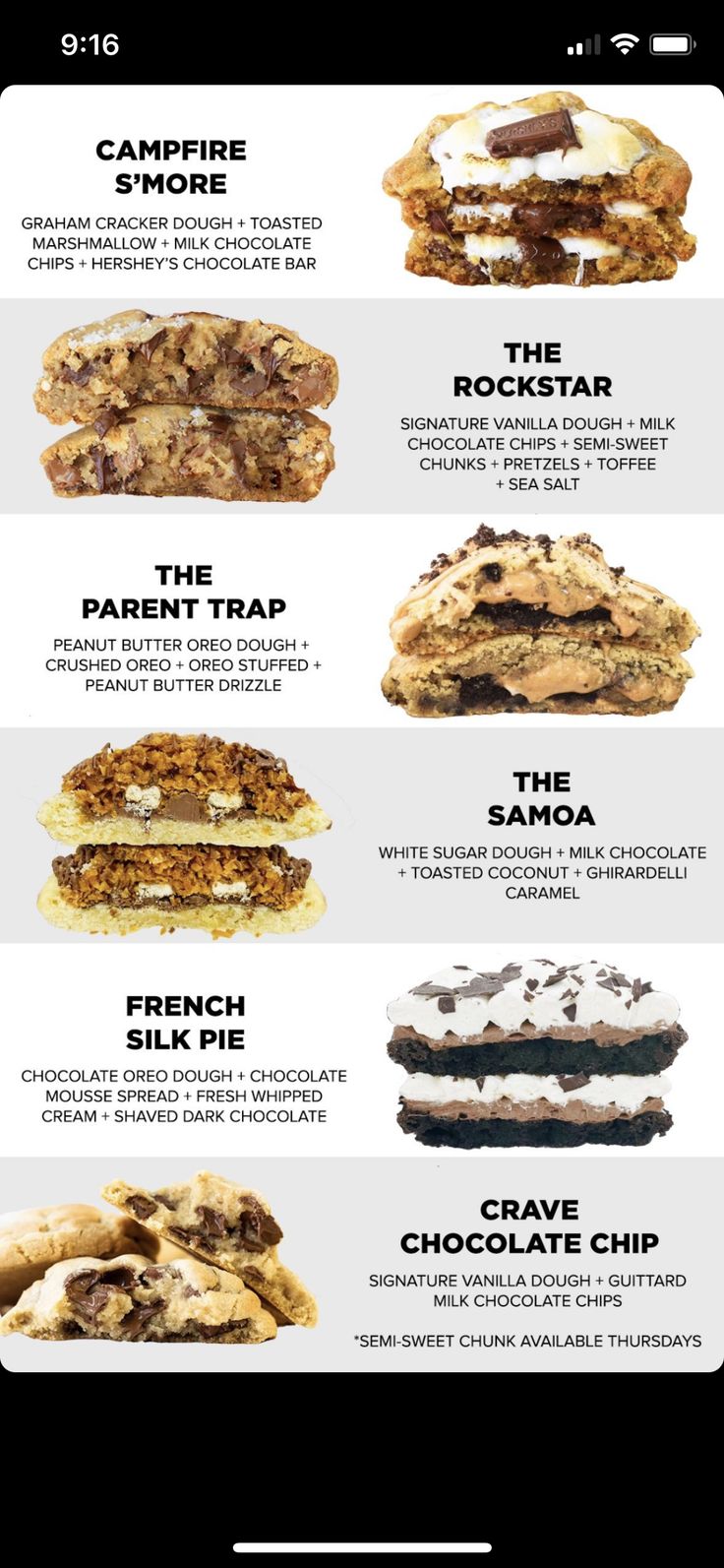 an iphone screen showing the different types of cookies and desserts in each biter