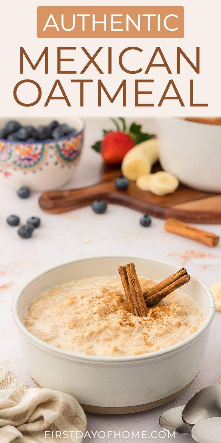 a bowl of oatmeal with cinnamon sticks sticking out of it and blueberries in the background