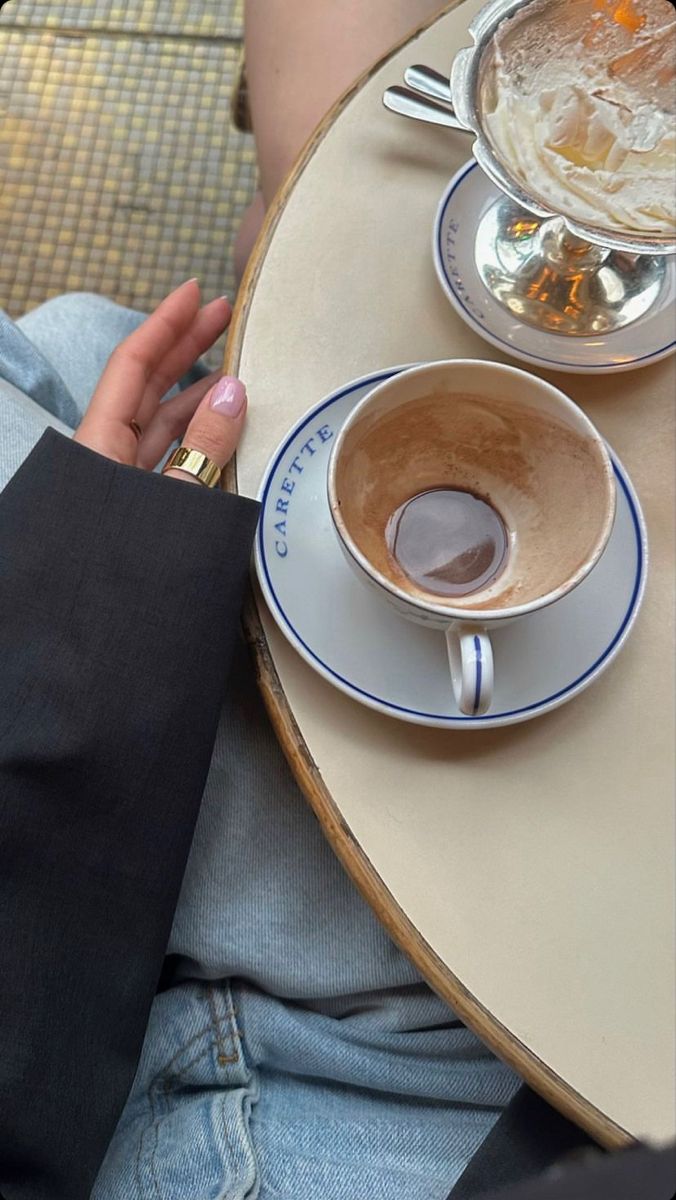 a cup of coffee sitting on top of a table next to a person's hand