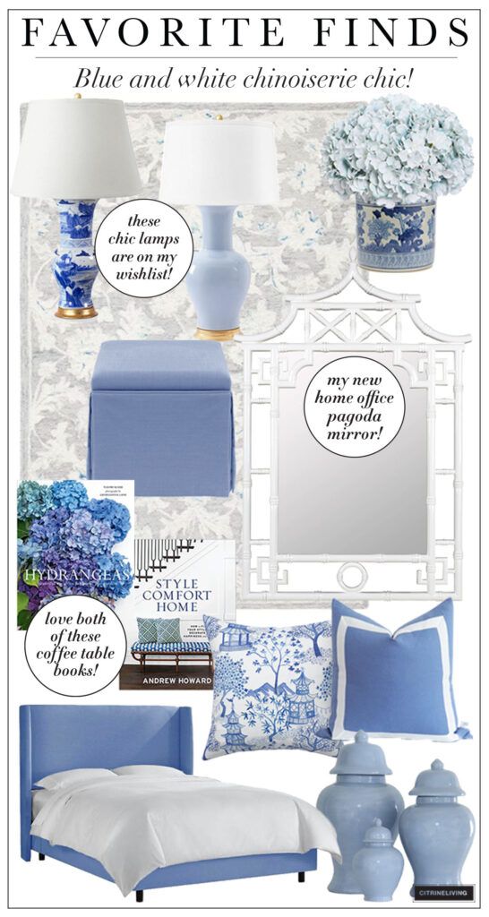 a blue and white bedroom is featured in the magazine's cover story, favorite finds