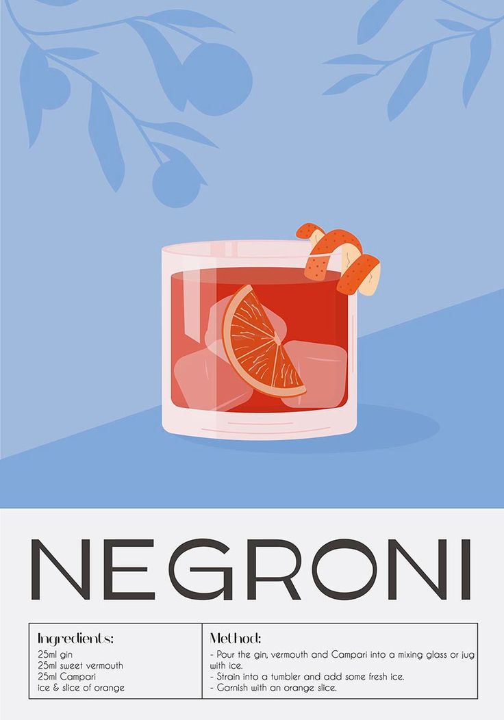 Add a touch of sophistication to your home bar with our Negroni cocktail recipe poster. Perfect for cocktail aficionados, this poster provides a beautiful visual and textual guide to creating the classic Negroni, making it an indispensable part of your mixology decor. Negroni Cocktail Recipe, Recipe Poster, Negroni Cocktail, Cocktail Illustration, Cocktail Poster, 광고 디자인, Bar Poster, Cocktails Bar, Cocktail Book