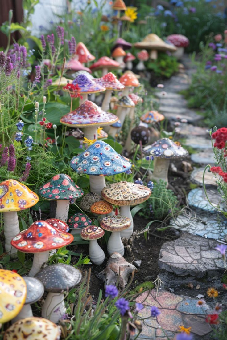 many different colored mushrooms are growing in the garden