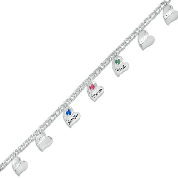 A pretty gift, this sparkling Personalized charm bracelet reminds Mom how much you cherish her. Crafted in your choice of silver or gold, this thoughtful design features the three to seven birthstones you choose, each glistening atop a fancy heart-shaped charm. Include up to seven engraved names - each up to eight characters in length in elegant script - below its corresponding birthstone. Polished to a bright shine, this 7.0-inch curb chain bracelet secures with a lobster claw clasp. Curb Chain Bracelet, Peoples Jewellers, Pretty Gift, Curb Chain, Heart Charm Bracelet, Stone Settings, Heart Charm, Pandora Charm Bracelet, Chain Bracelet