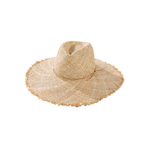 Sun Hat Raffia weaving Fray accents Inner adjustable strap Composition: Raffia + Paper Circumference: 22.5" Brim: 5" Crown height: 4" One size fits most Bohemian Lightweight Brimmed Hat, Bohemian Fedora Straw Hat For Warm Weather, Bohemian Brimmed Lightweight Hat, Bohemian Beige Straw Hat For Travel, Bohemian Fedora Panama Hat For Warm Weather, Beige Bohemian Panama Hat For Warm Weather, Bohemian Beige Panama Hat For Warm Weather, Natural Woven Sun Hat For Beach Season, Woven Sun Hat For Summer