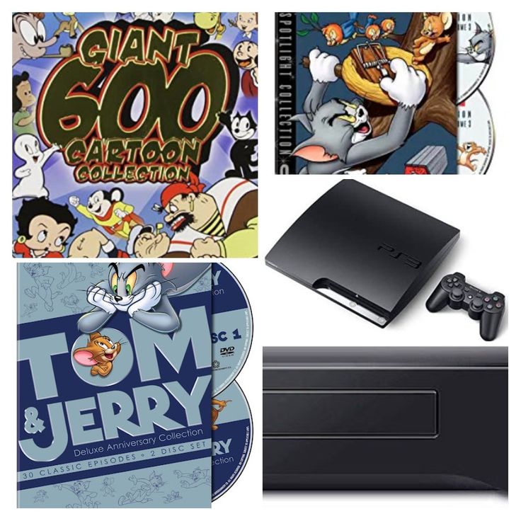 an assortment of video games and accessories including a game console, cartoon character stickers, and dvd's