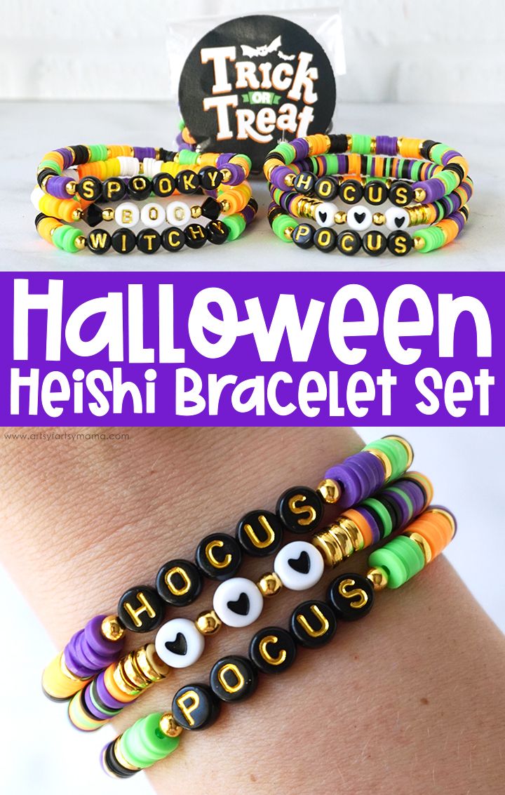 the halloween bracelet set is made with beads and plastic eyes, which spell out words