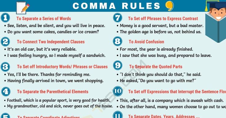 a poster with instructions on how to use the comma rules for writing and speaking