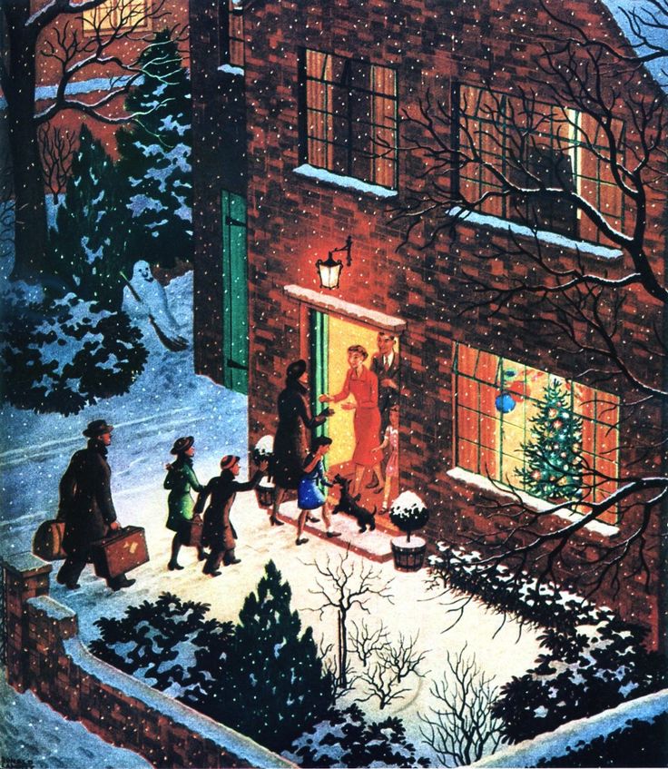 a painting of people walking in front of a house with christmas decorations on the windows