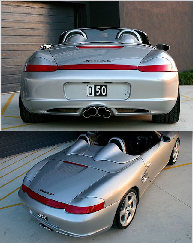 two pictures of a silver sports car parked in front of a garage with the number 50 on it