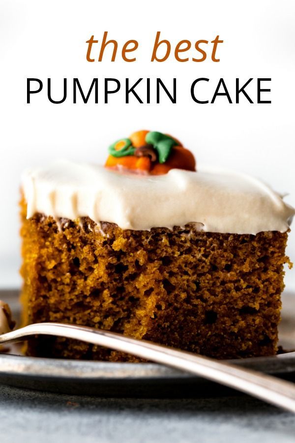 a slice of pumpkin cake on a plate with a fork