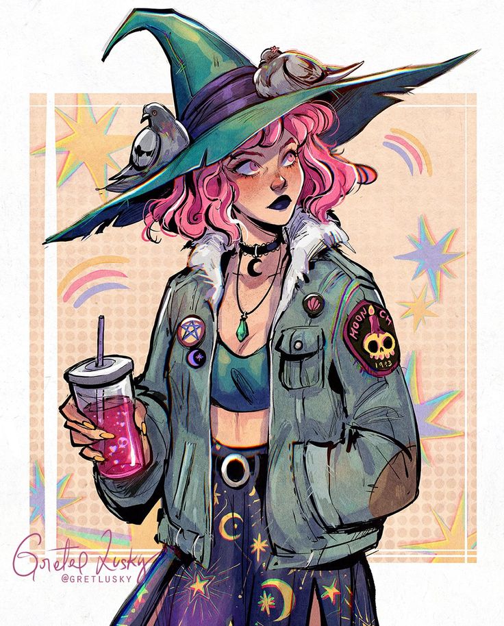 a drawing of a woman with pink hair wearing a witches hat and holding a drink