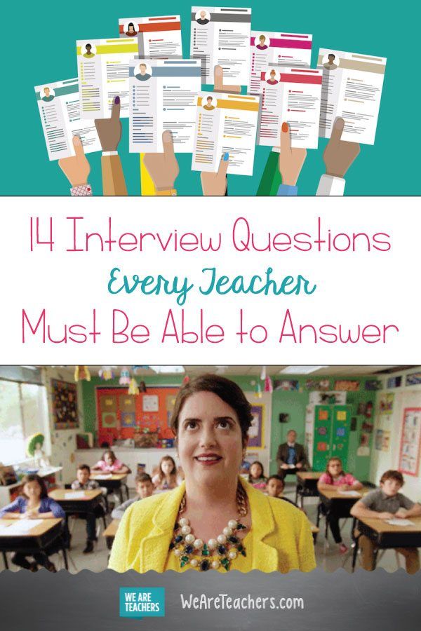 a woman in yellow jacket standing in front of desks with books on it and the words, 11 interview questions every teacher must be able to answer