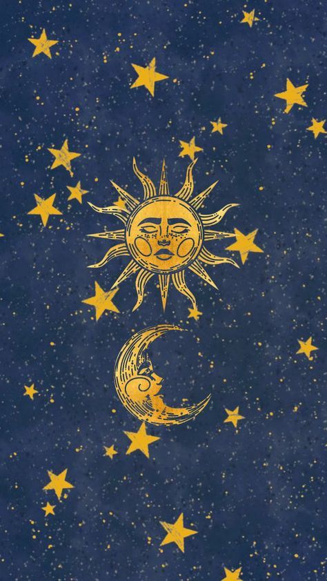 the sun and moon with stars in the sky on a dark blue background, as if it were painted by hand