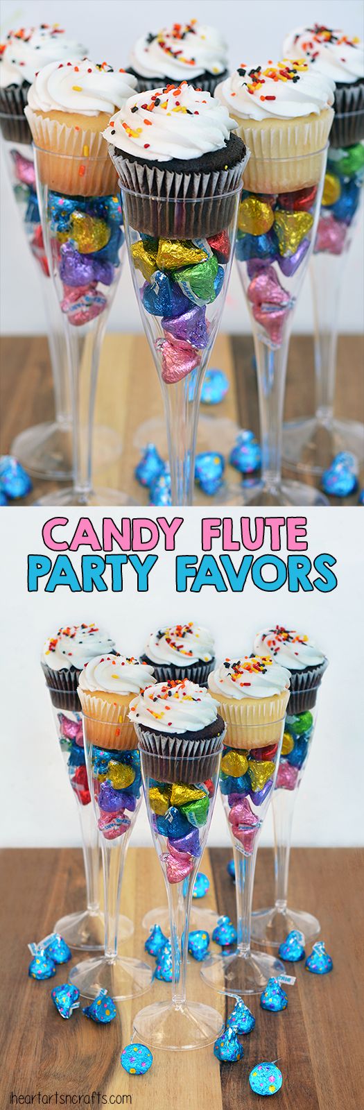 there are cupcakes and candy in wine glasses