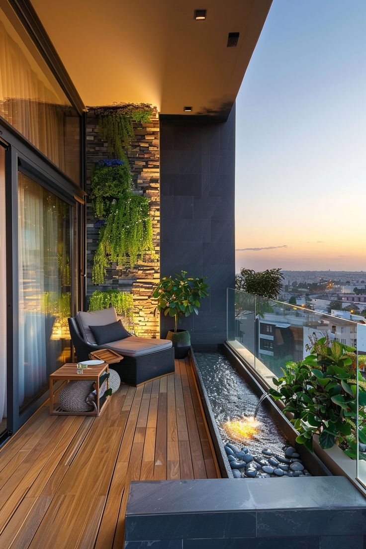 Modern small balcony ideas: A cozy lounge chair and lush plant walls next to a chic fire-water feature, capturing tranquility and style. Small Room Balcony Ideas, Terrace Decorating Ideas, Minimal Balcony Ideas, Best Balcony Designs, Balcony Design Ideas Exterior, Back Terrace Ideas, Small Balcony Inspiration, Outside Balcony Ideas, Long Patio Ideas