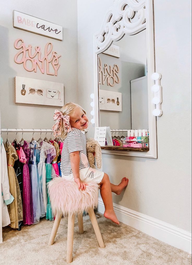 Dress Up Area In Playroom, Mirror In Toddler Girl Room, Toddler Girl Big Girl Room, Play Room Girls Small, Barbie Corner Playroom, Girly Room Inspiration, Playroom Dress Up, Diy Small Playroom Ideas, 3 Year Girl Bedroom Ideas