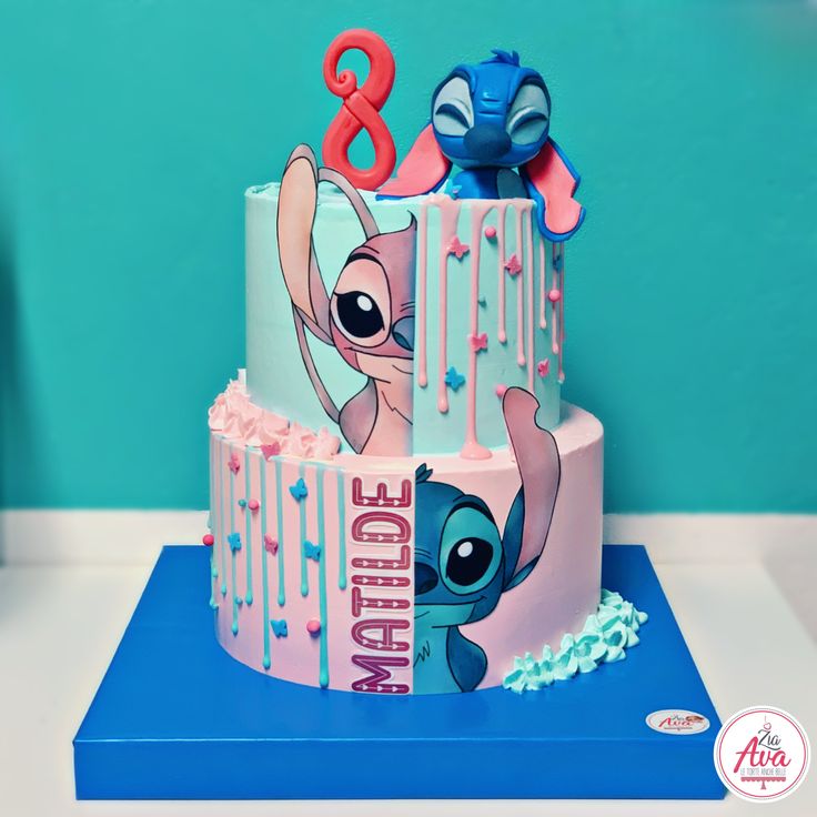 the birthday cake is decorated with an image of stitch and stitch