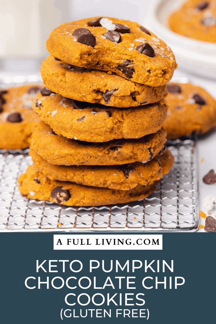 keto pumpkin chocolate chip cookies stacked on top of each other with text overlay