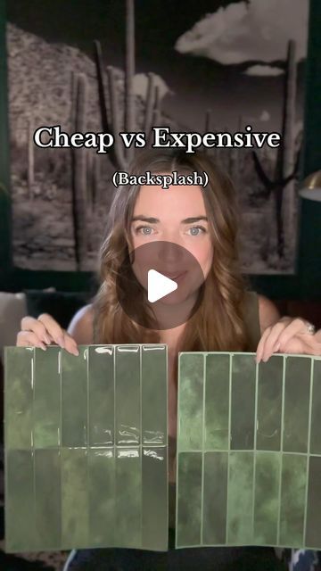 a woman holding up some green tiles with the words cheap vs expensive in front of her