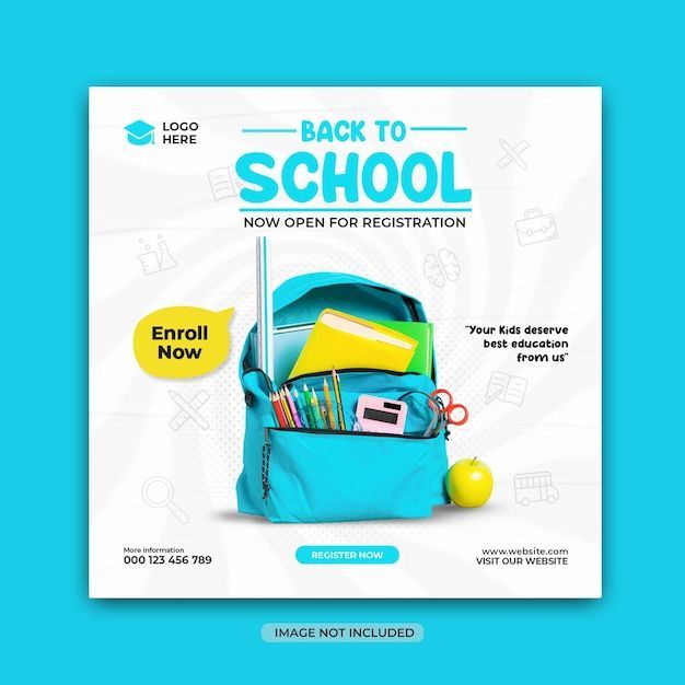 the back to school flyer is shown with an image of a blue backpack and books