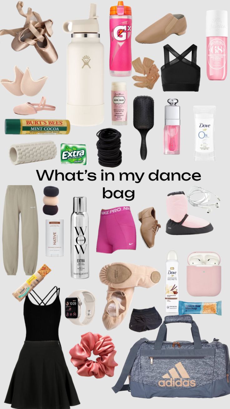 the words what's in my dance bag are surrounded by shoes, bras and other items