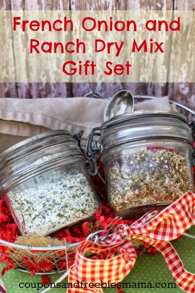 french onion and ranch dry mix gift set in glass jars with ribbon tied around them