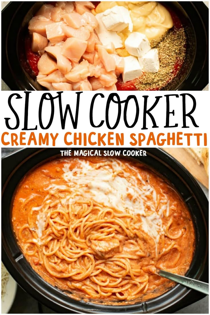 this slow cooker creamy chicken spaghetti recipe is so easy to make