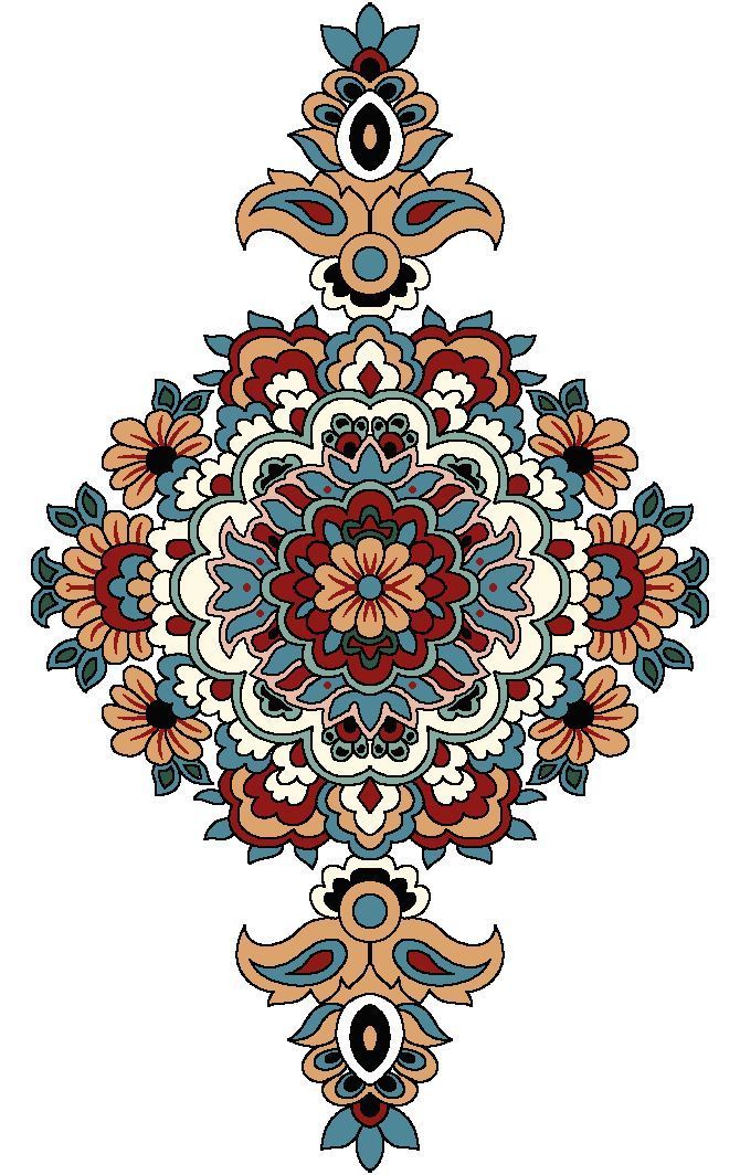 an ornate flower design in red, orange and blue