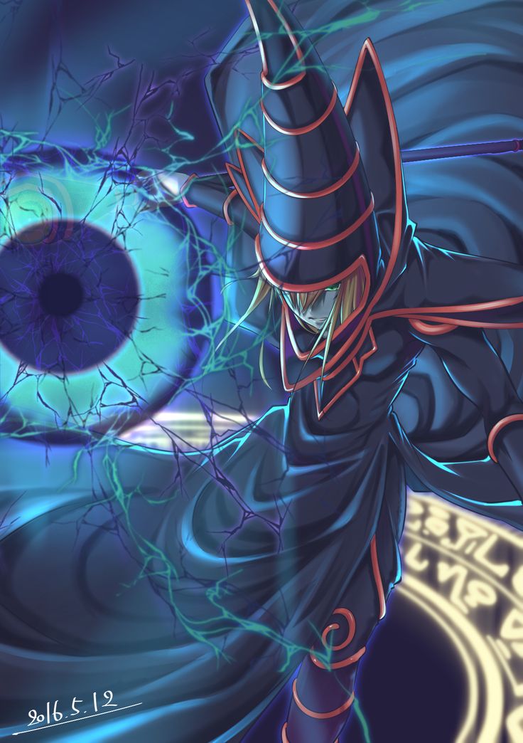 an animated image of a wizard with blue eyes and black hair, standing in front of a large evil eye