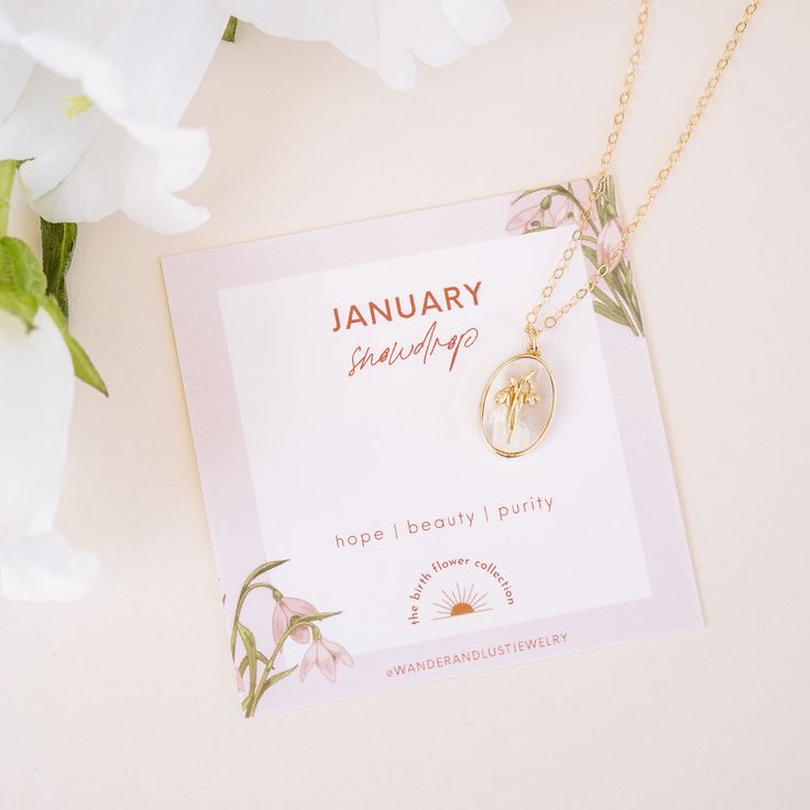 Our January Birth Flower Necklace is a gorgeous addition to our new Birth Flower Necklace Collection! This dainty necklace features a beautiful Snow Drop, the January birth flower, symbolizing love and luck. What do we love about it? The Snow Drop is delicately crafted to showcase its beauty, and the pendant is perfectly sized to be chic yet modern. It's a perfect gift for someone born in January, for a loved one or for anyone who appreciates the beauty and meaning of the Snow Drop flower! ‎ Flo Snow Drop Flower, Snow Drops Flowers, January Birth Flower, January Birth Flowers, Snow Drop, Born In January, Birth Flower Necklace, Beautiful Snow, Gift Flower