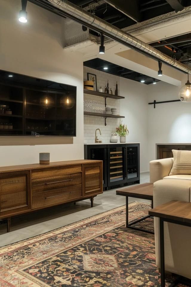 Creative Small Basement Ideas for Low Ceilings Basement Arrangement Ideas, Basement Entertainment Room Ideas Layout, Finished Basement With Low Ceiling, Loft Style Basement, Basement Reno On A Budget, Unfinished To Finished Basement, Large Basement Living Room Ideas, Modern Vintage Basement, Finished Basement Living Room