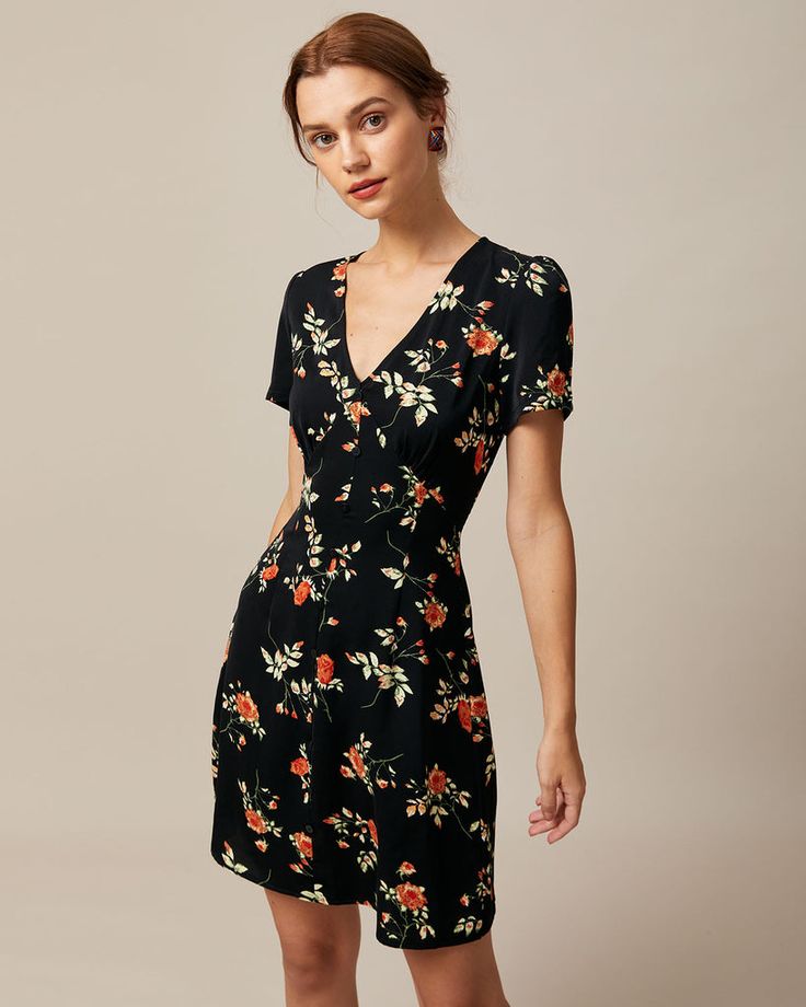 The Black V Neck Floral Button Up Mini Dress & Reviews - Black - Dresses | RIHOAS Button Up Mini Dress, Tailored Clothes, Floral Button Up, Different Dresses, Short Sleeve Mini Dress, Midi Maxi Dress, Floral Mini Dress, Floral Dress Black, Mini Dress With Sleeves