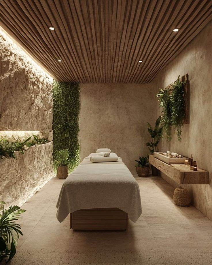 a spa room with stone walls and plants