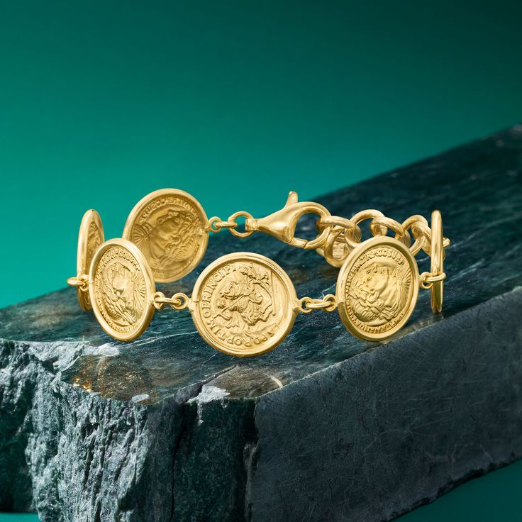 Ross-Simons - Italian 18kt Gold Over Sterling Replica Coin Bracelet. 7". Show off your affinity for Italian culture with pride when you wear this replica coin bracelet! Crafted in polished 18kt yellow gold over sterling silver. Includes a 1" extender. Lobster clasp, 18kt yellow gold over sterling silver replica coin bracelet. Gold Coin Jewelry, Essential Jewelry, Gold Coin Ring, Fancy Jewelry Necklace, Jewelry Styles, Coin Bracelet, Italian Culture, Coin Ring, Locket Charms