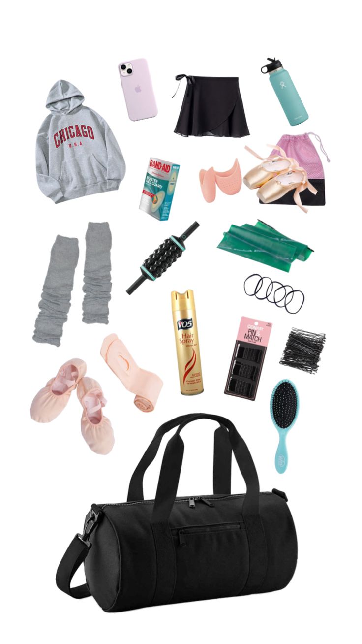 the contents of a duffel bag laid out on a white background