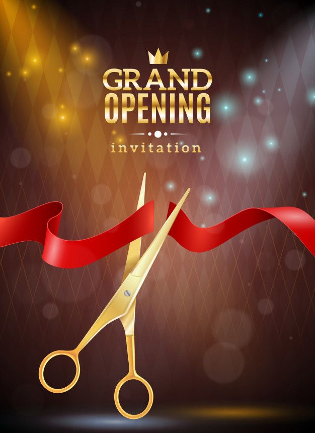 a golden pair of scissors cutting a red ribbon with the words grand opening written on it