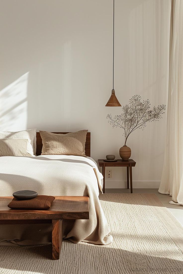 a bed sitting in a bedroom on top of a wooden table next to a window