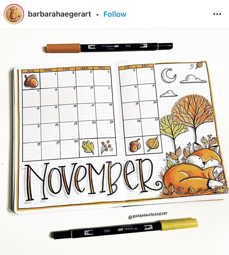 a calendar with an image of a fox and the words november written in black ink