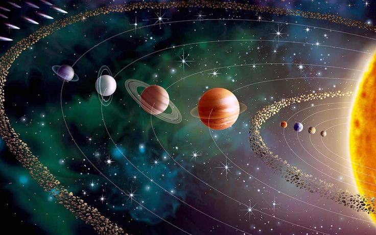 an artist's rendering of the solar system with all its planets and their satellites