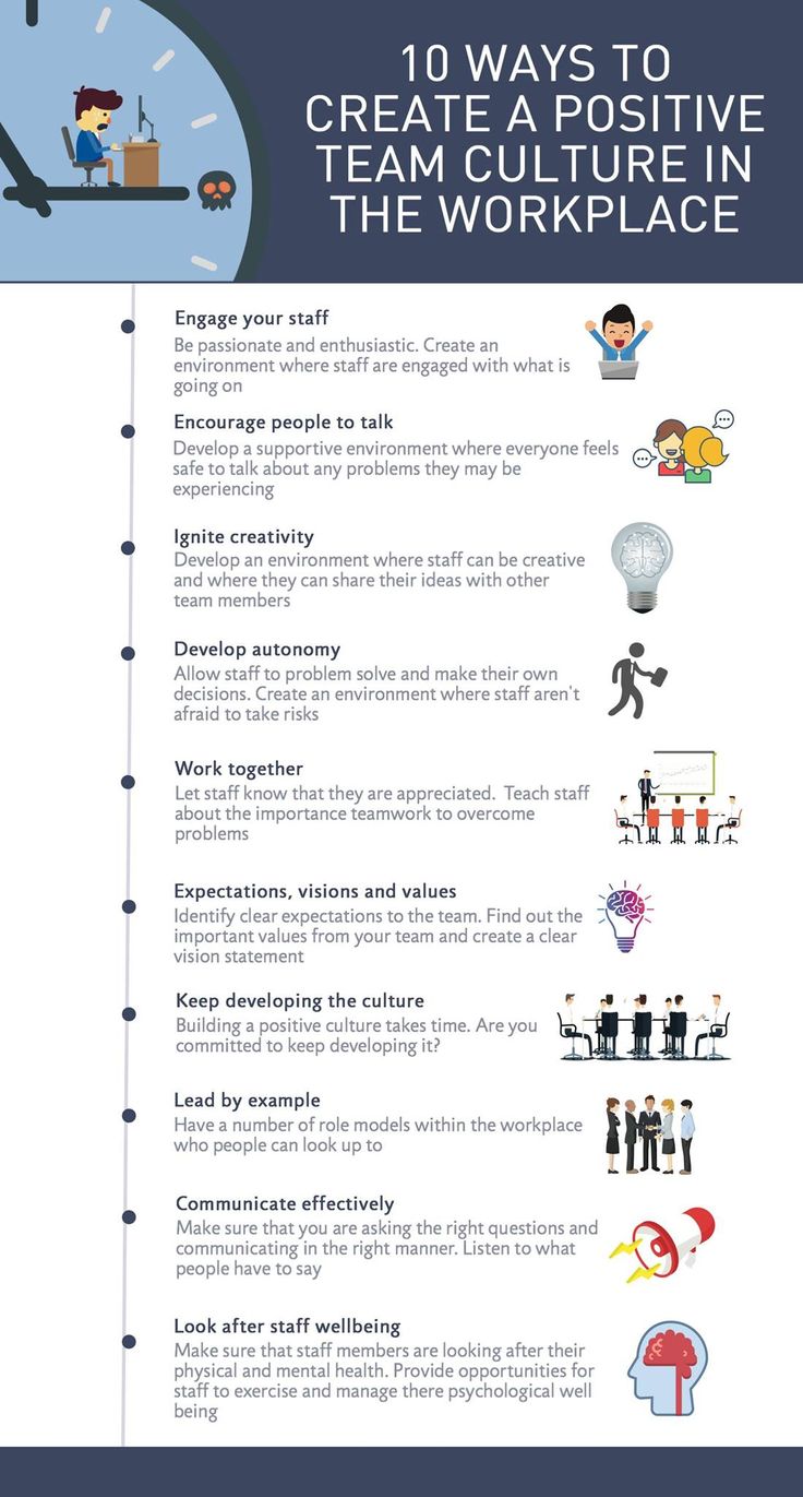 an info sheet with the words 10 ways to create a positive team culture in the workplace